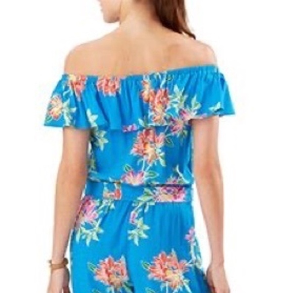 Tommy Bahama Cropped Romper Jumpsuit Sun Lilies Floral Azure Blue Ruffles M-L - Picture 5 of 12